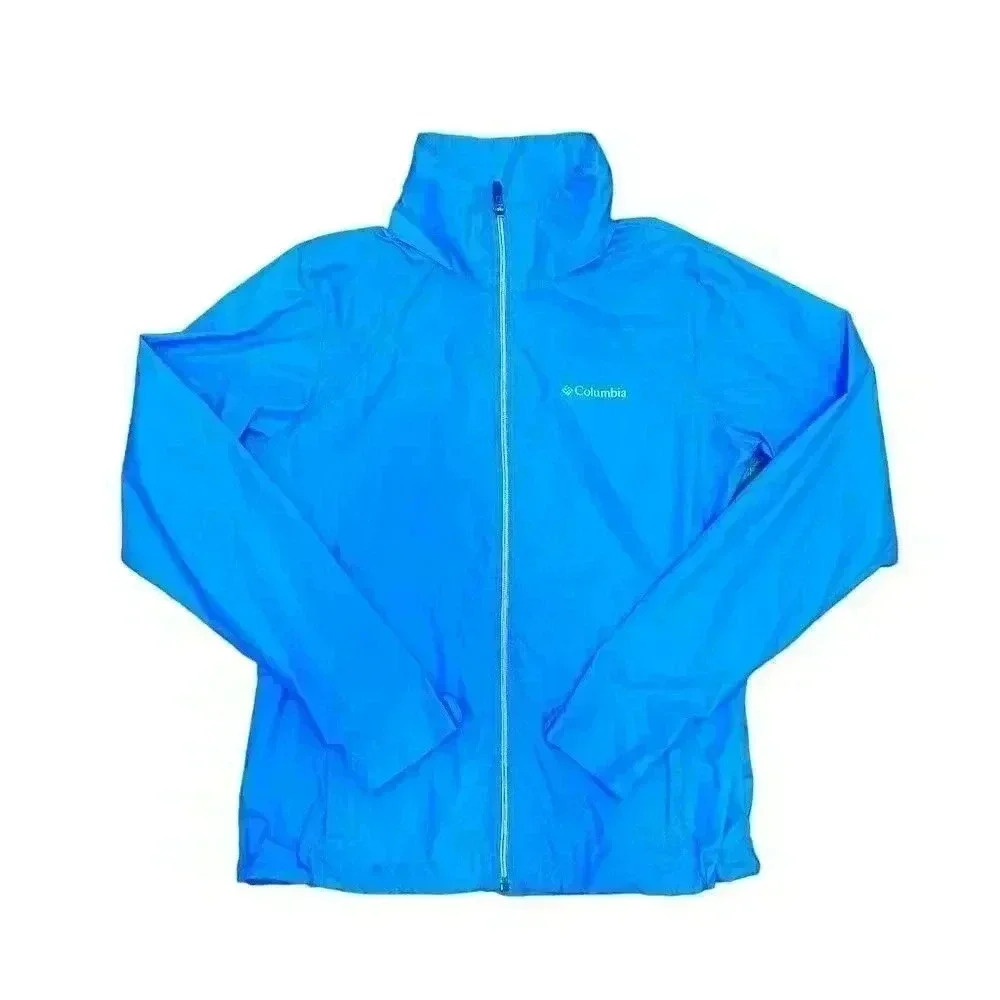 Columbia Blue Nylon Windbreaker Rain Jacket Hooded Sz M